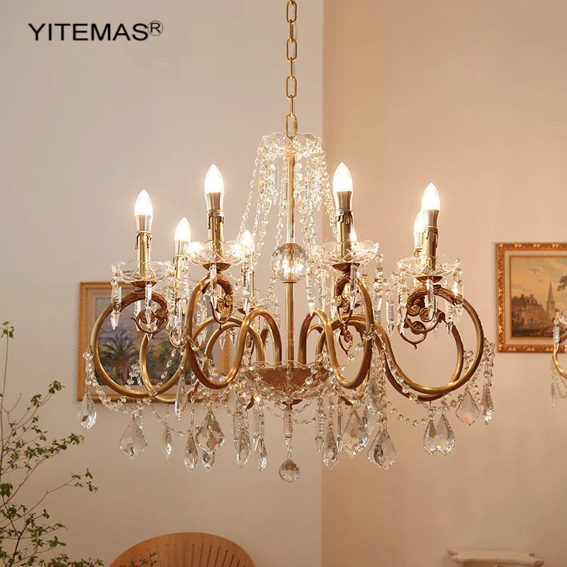 lustre suspendu doré ornements floraux cristal transparent classique ampoules chaîne pendeloques