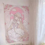 tapisserie fille ailes roses fond rose motif floral anime douce romantique