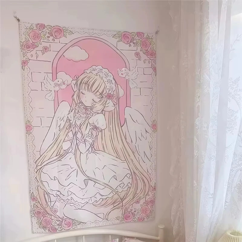 tapisserie fille ailes roses fond rose motif floral anime douce romantique