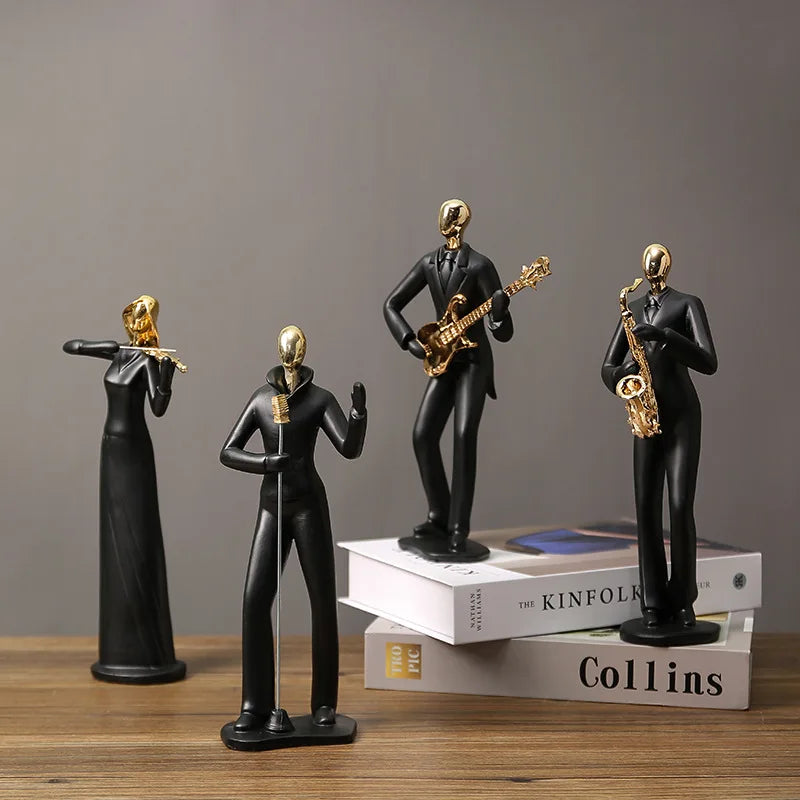 statue musicien moderne abstraite saxophone guitare noire décoration intérieure couple instrumental résine opaque base