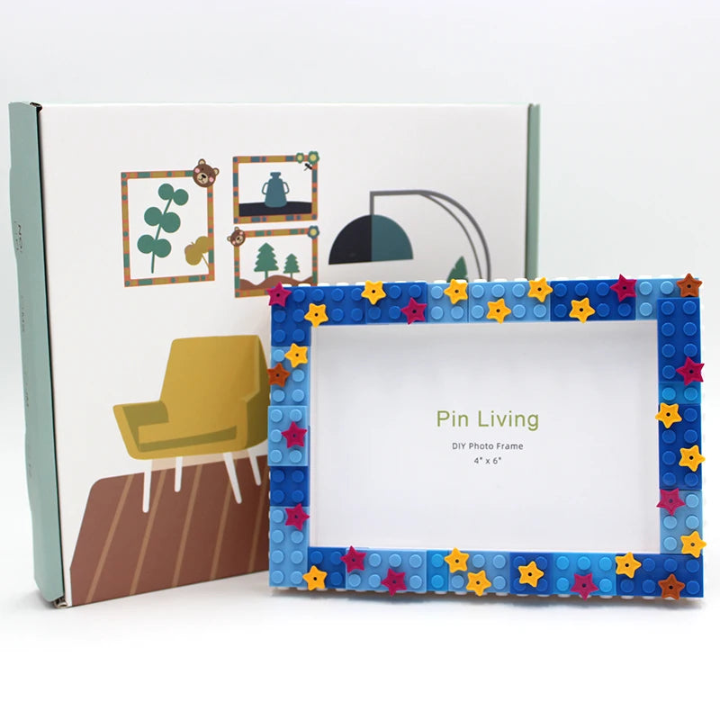 cadre photo diy carreaux étoiles colorées bleu vert orange jaune noir blanc créatif enfantin