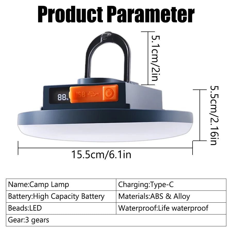 lampe camping led rechargeable 4500mAh aimant projecteur cob bleu foncé orangeécran digital