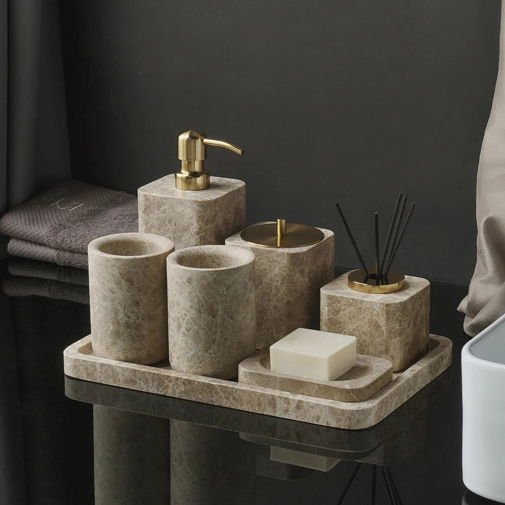 ensemble bain marbre moderne distributeur savon boîte mouchoirs pot crème dentifrice plateau oval brosse