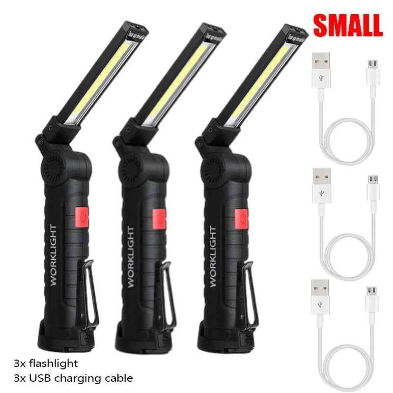 lampe travail rechargeable usb aimant noir lumiere led forte réglages luminosité camping auto défense