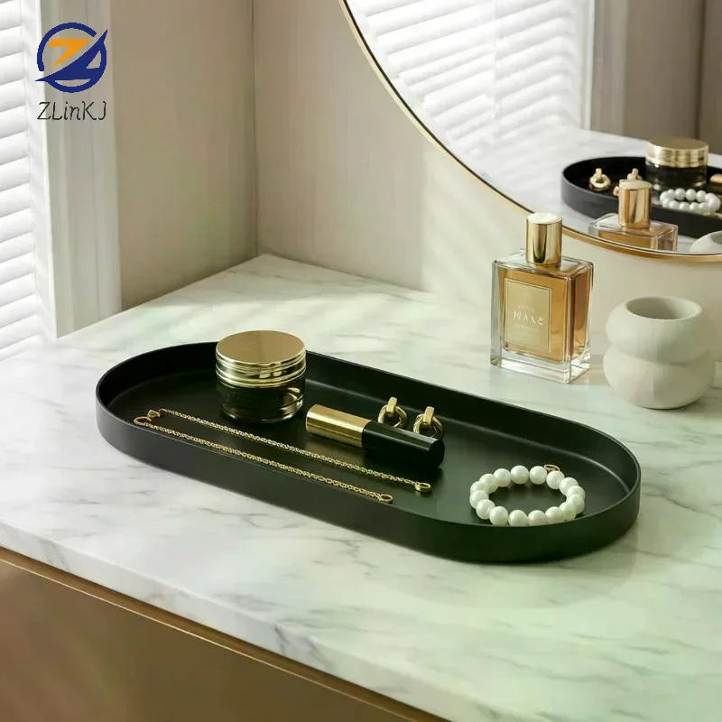 plateau ovale moderne noir blanc mat bijoux cosmétiques organisation salle bain thé fruits