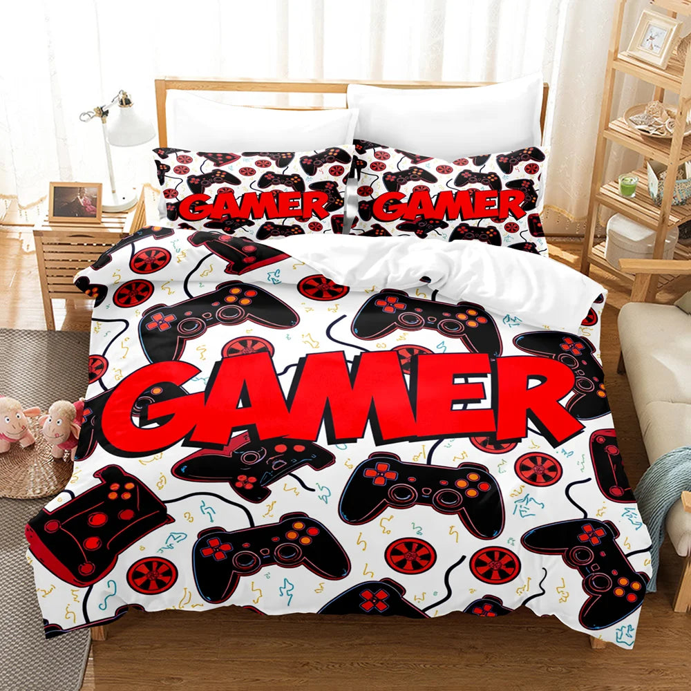 housse couette gamer manette jeu vidéo rouge noir blanc microfibre coton lit double