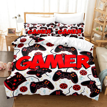 housse couette gamer manette jeu vidéo rouge noir blanc microfibre coton lit double