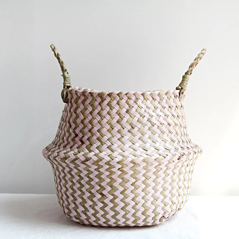 panier rangement tressé bleu beige zigzag ours peluche bois poignées