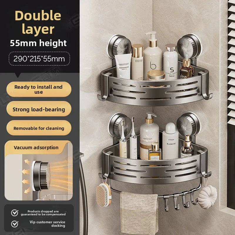 étagère salle bain gris moderne ventouse rangement bain murale ajourée crochets suction