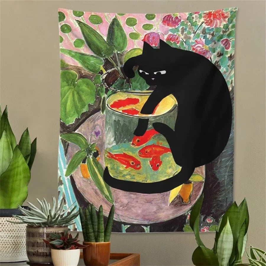 tapisserie murale chat poissons rouges feuilles fleurs noir vert rose blanc artistique chambre decoration