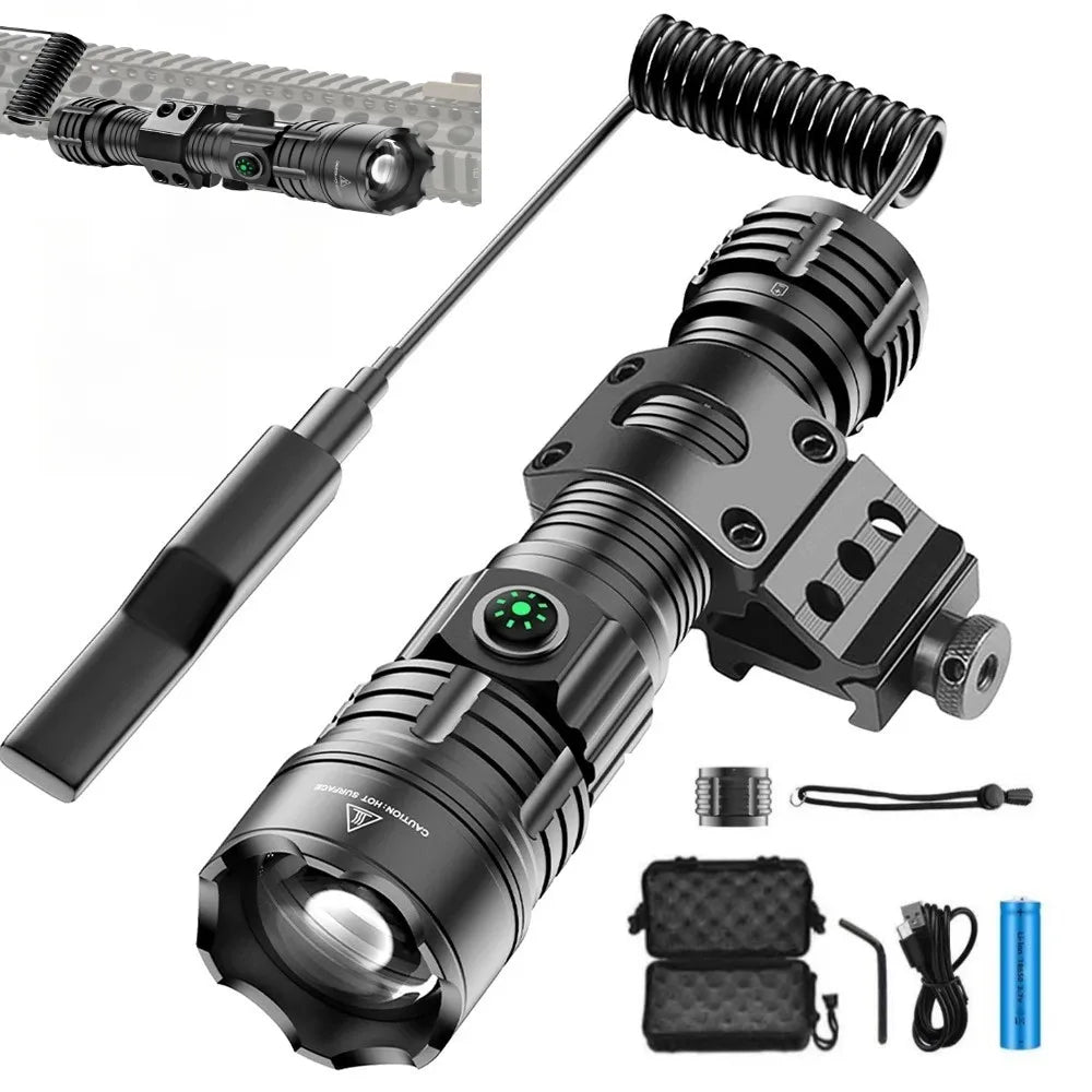 lampe torche rechargeable led noire moderne camping 500m lumiere intense durable sac transport cable