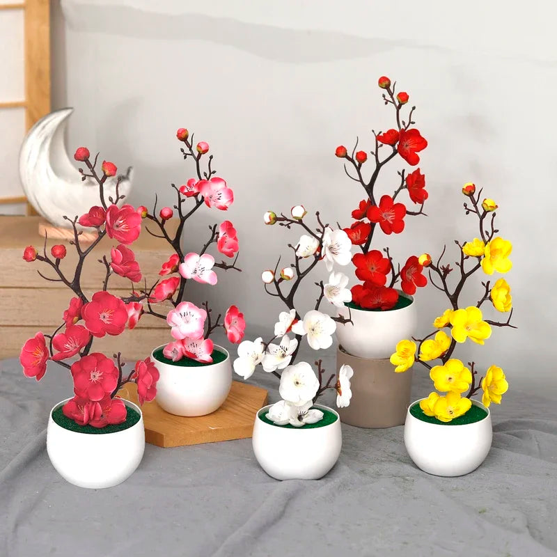 plantes artificielles branche fleurs rouge rose blanc simple feuilles pot blanc