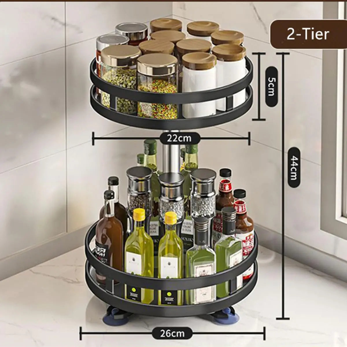 support rotatif deux niveaux noir acier inoxydable moderne vaisselle épices cosmétiques comptoir cuisine