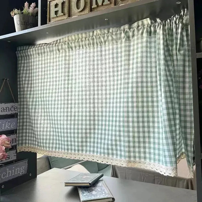 rideau vert carreaux dentelle fenêtre rustique vintage chambre opacité moyenne tringle