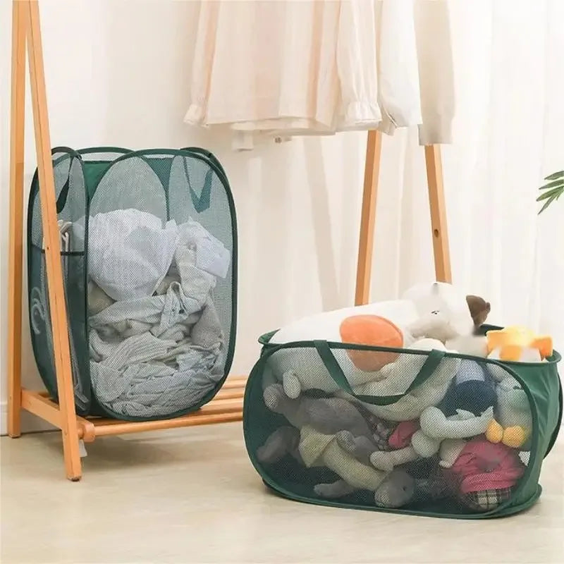 panier linge vert foncé pliable moderne poignées maille polyester réutilisable salle bain voyage
