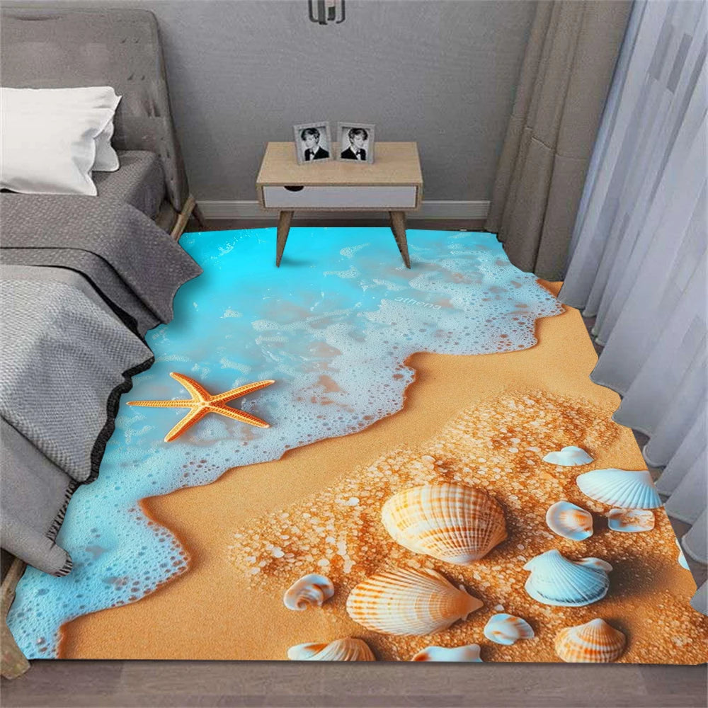 tapis salon moderne motif coquillage mer bleu beige décoratif intérieur maison chambre salon