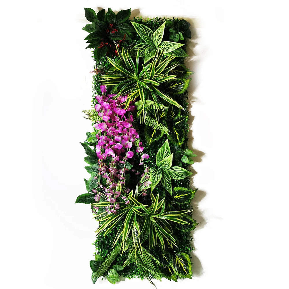 panneau végétal mural décoratif feuilles vertes petites fleurs mur jardin extérieur