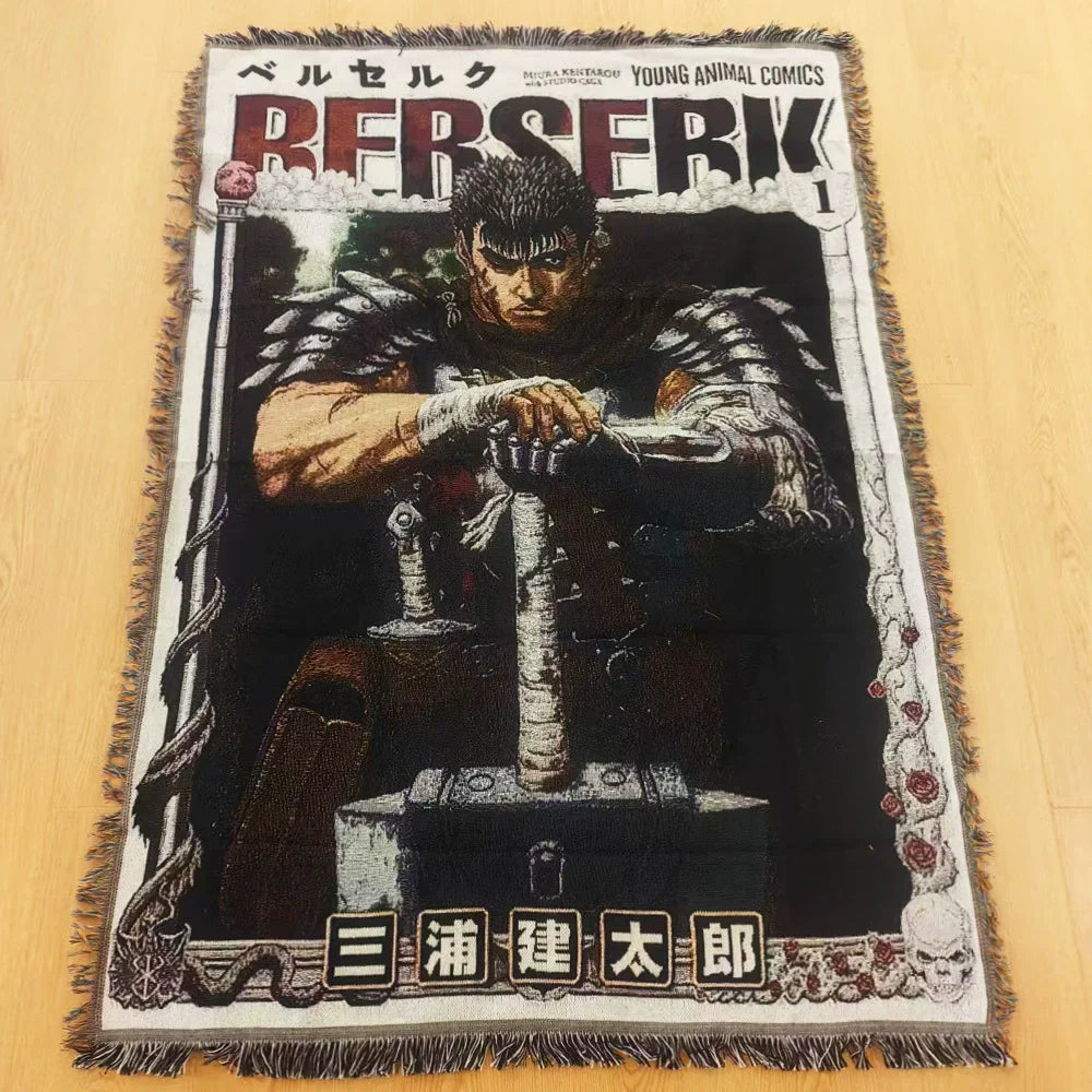 tapisserie dessin animé berserk personnage épée armure noir blanc gris bleu rouge marron jacinthe