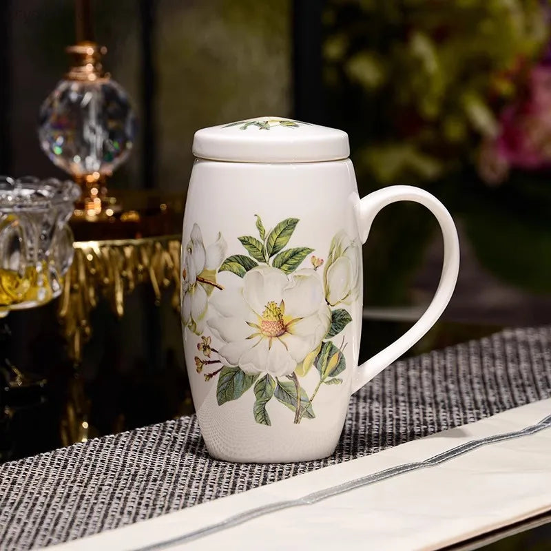 tasses thé céramique fleurs classiques poignées couvercle blanc rose vert