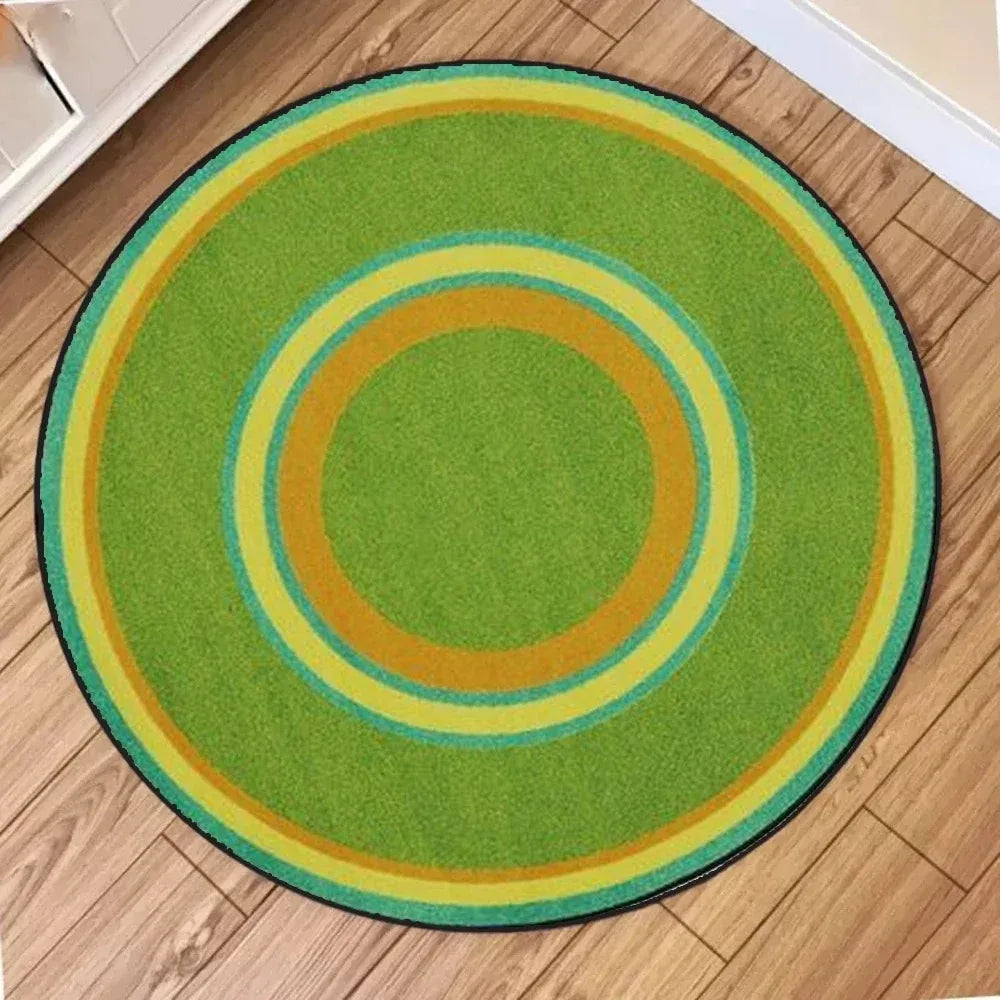 tapis rond vert jaune bleu rayures concentriques moderne salon chambre decoration interieur polyester tissé