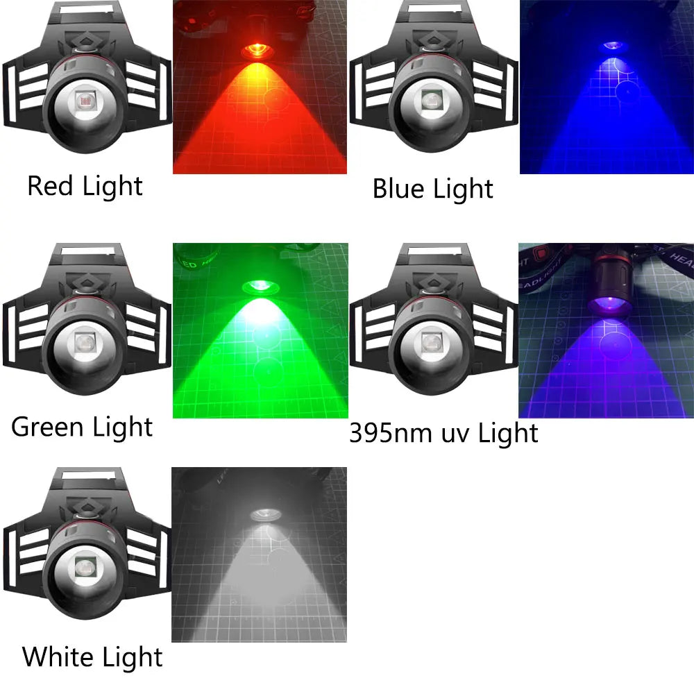 lampe frontale led noir clip modes flash haute bas pêche chasse lumière uv rouge