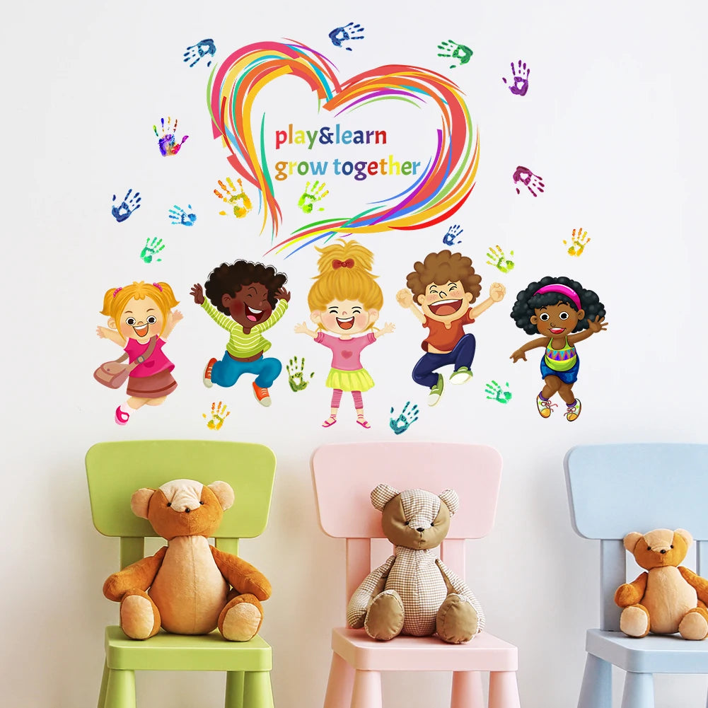 sticker mural cartoon multicolore personnages souriants main coeur arc ciel adhésif chambre salon