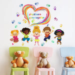 sticker mural cartoon multicolore personnages souriants main coeur arc ciel adhésif chambre salon