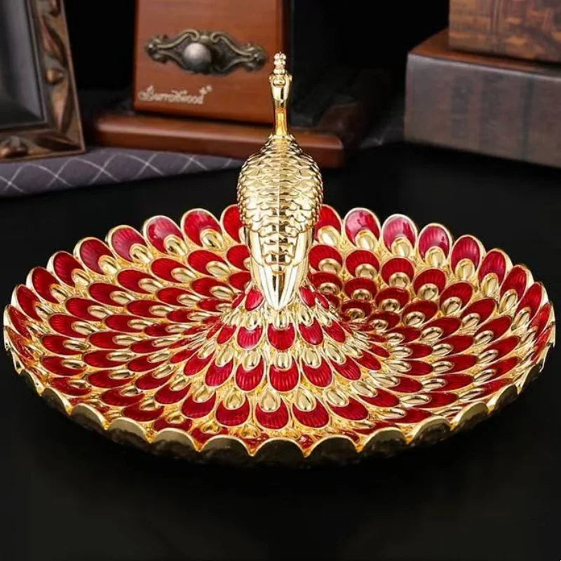 assiette décorative ovale paon rouge doré colorées classique élégant plateau fruits métal embossé