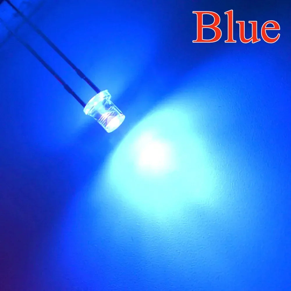 diodes led transparentes plate 3v 20ma blanc rouge jaune bleu vert 100pcs ultra lumineuses