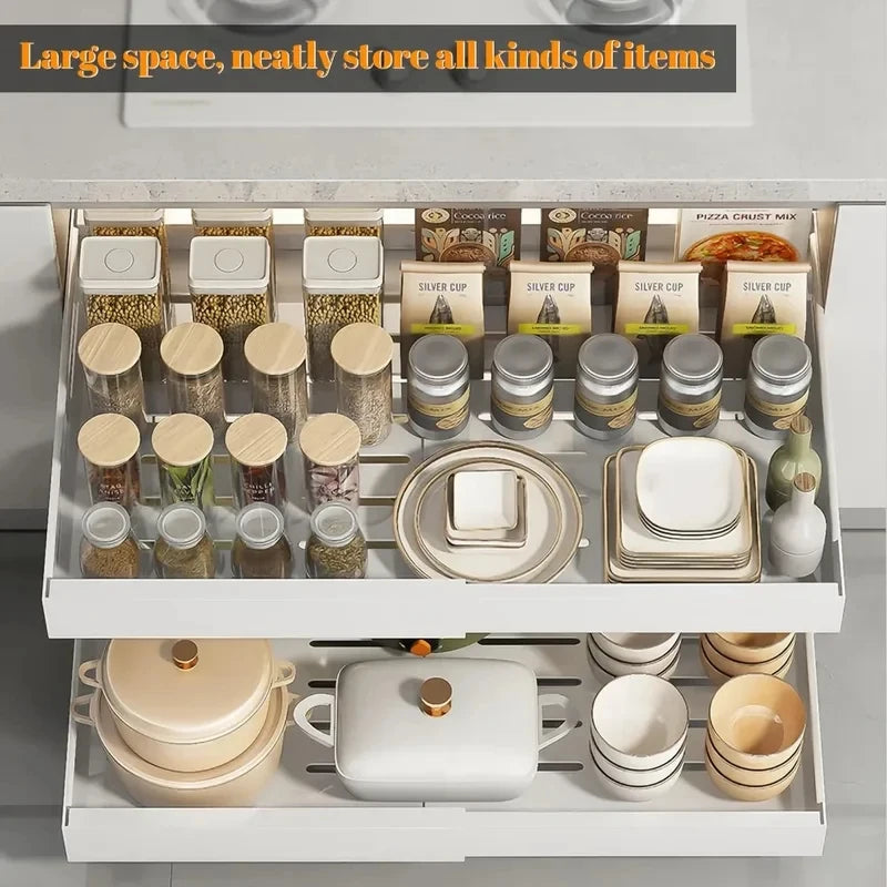 rangement vaisselle moderne tiroir blanc coulissant assiettes contenants verre céréaliers sauces