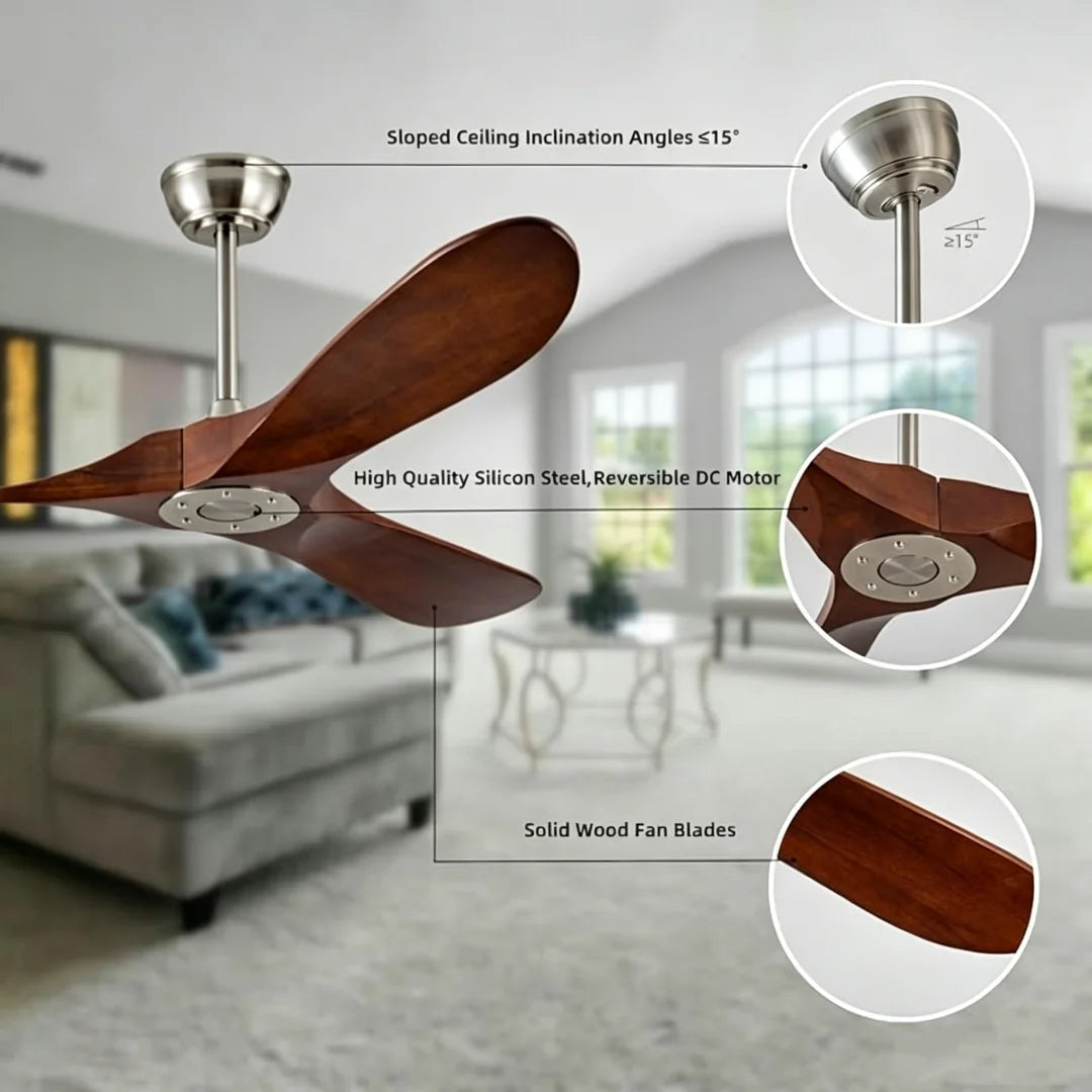 ventilateur moderne bois finition marron lames bois massif télécommande inclusion poteaux métalliques 52pouces