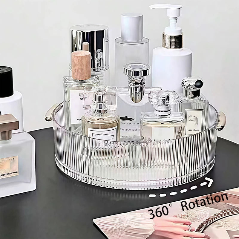 organisateur cosmétiques transparent moderne poignées dorées flacons lotion parfum crème nettoyant sérum baume moussant
