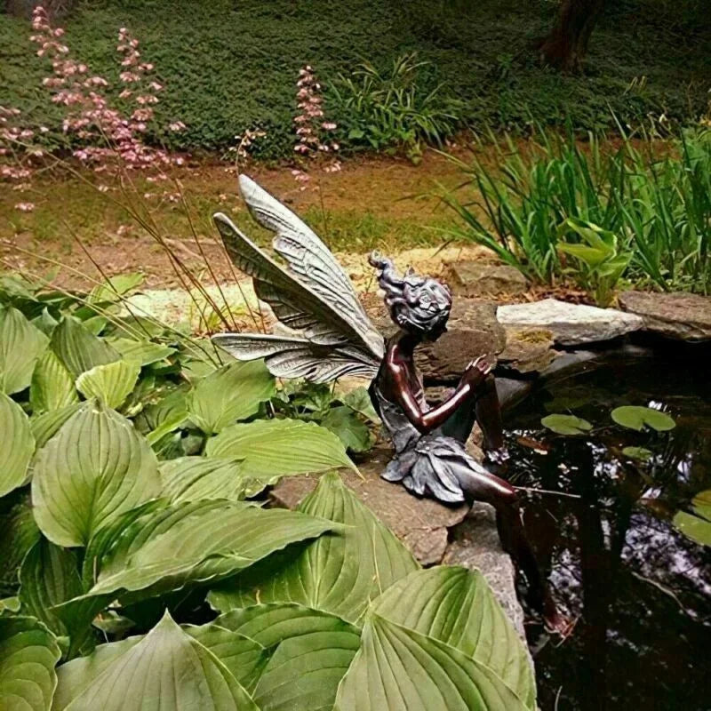 statuette fée flûte résine gris vert argenté texture feuilles mousse fantaisiste folkloreextérieur