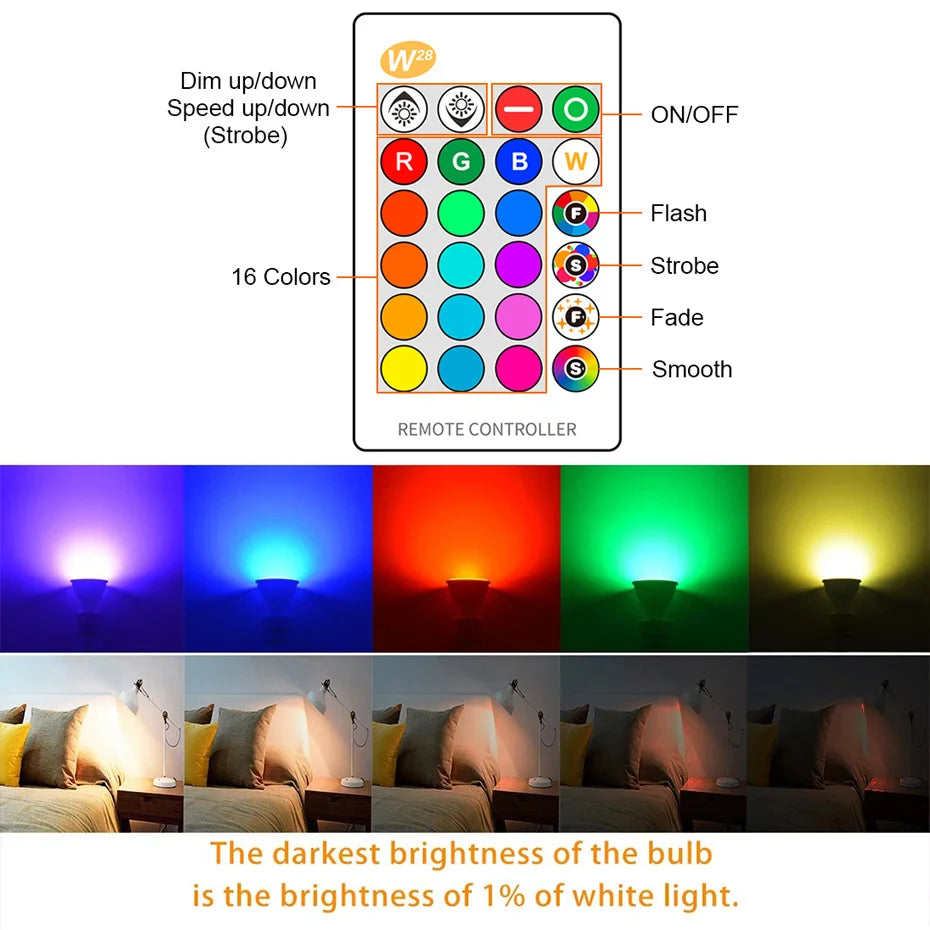 ampoule led rgb blanc moderne télécommande 16 couleurs ajustement luminosité chambre salon