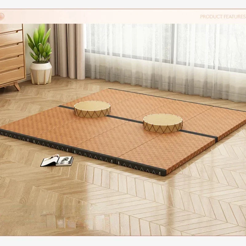 tapis pliable tissé géométrique moderne minimaliste marron clair noir coussins ronds