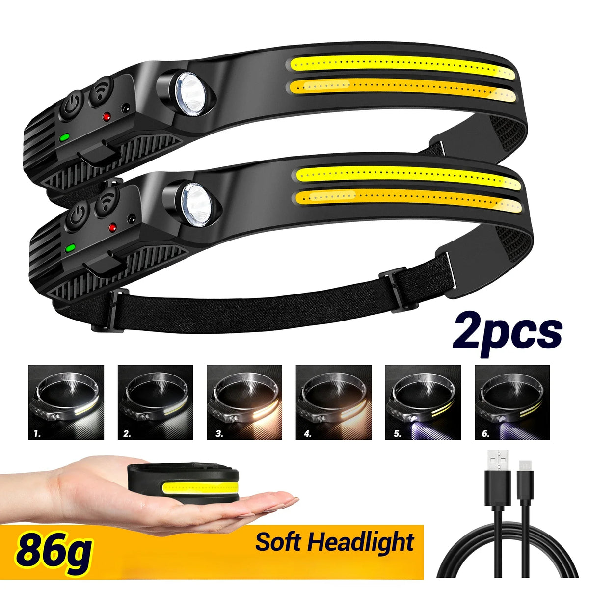 lampe frontale rechargeable led noir jaune blanc rayures moderne compact ceinture camping