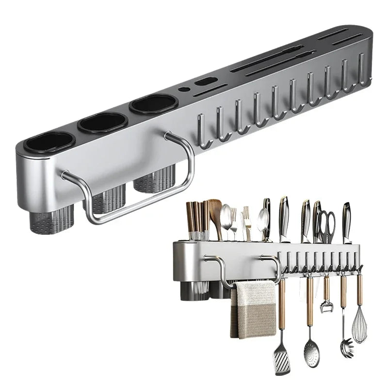 étagère cuisine moderne adhésive porte ustensiles couteaux serviettes chopsticks soufflet mixeur gris métallisé