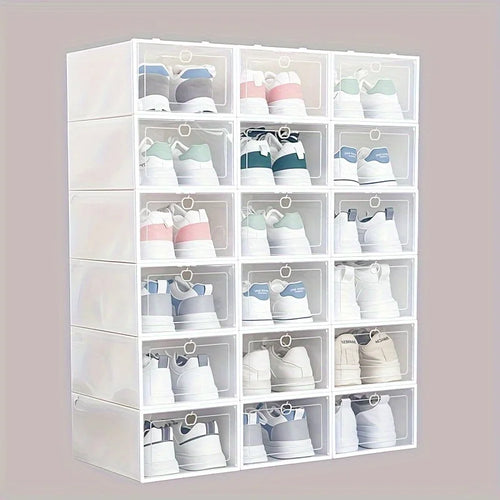 boîtes chaussures transparentes blanches modernes minimaliste rangement armoire entrée organisation visibilité claire texture légèrement