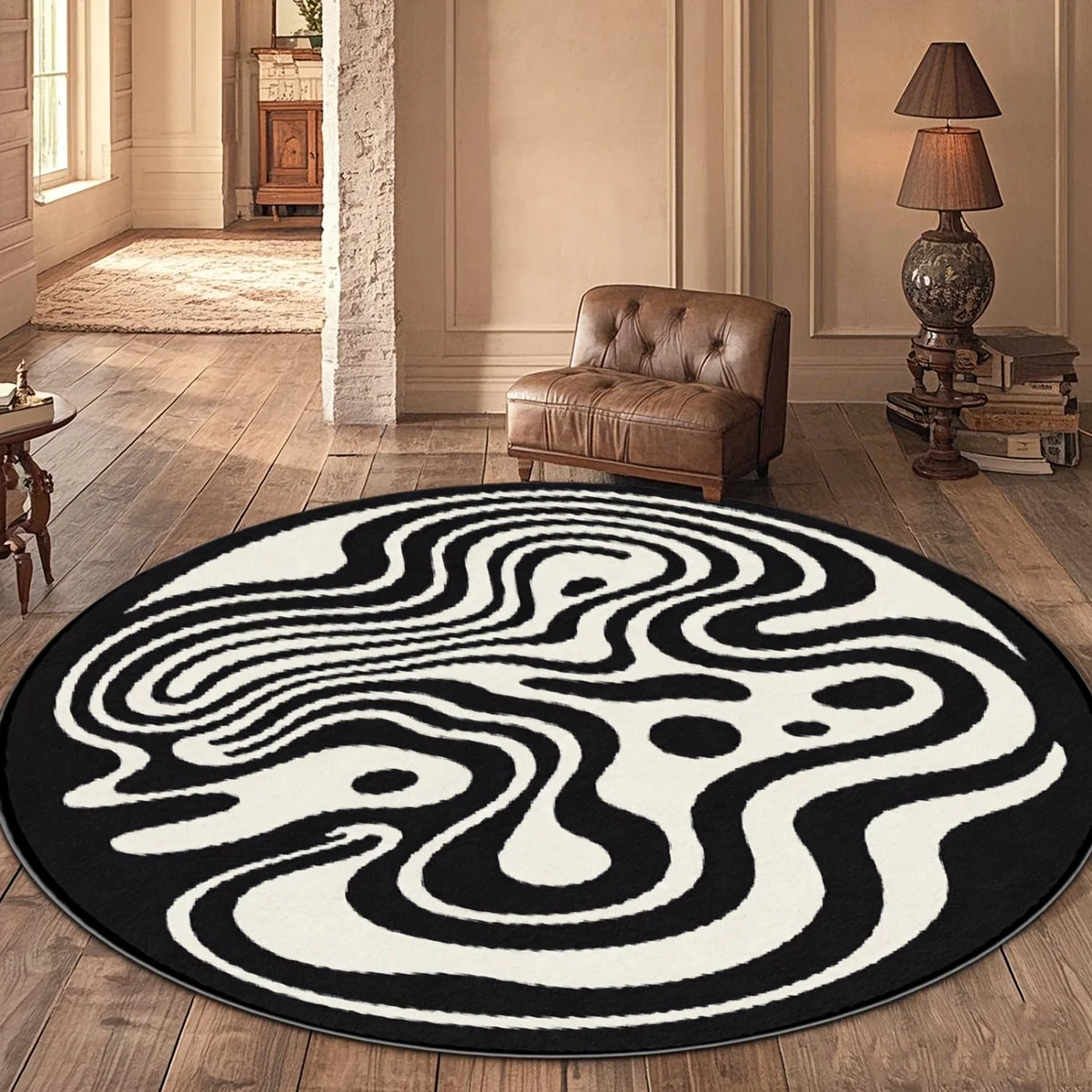 tapis rond moderne labyrinthe noir blanc multicolore 80cm 120cm anti dérapant salon chambre