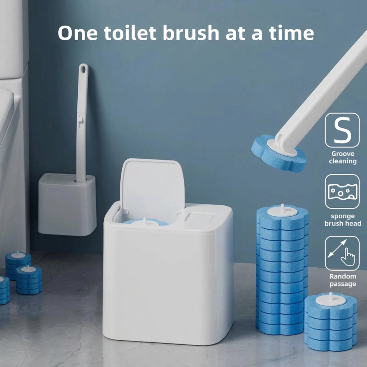 brosse wc douce silicone longue poils blanc bleu moderne pratique fixe adhésif boite rangement