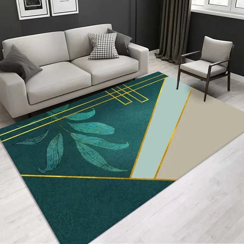 Tapis de sol vert foncé et motifs jaunes géométriques dans un salon moderne avec un canapé gris.