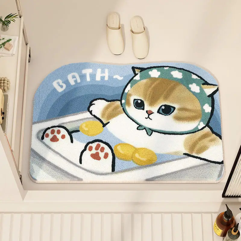 tapis bain dessin animé chats baignoire canards bulles coquillages bleu jaune rose