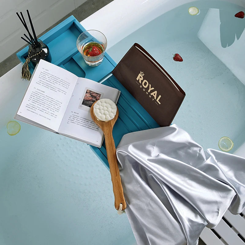 tablette bain bois bleu moderne support réglable accessoires salle bain