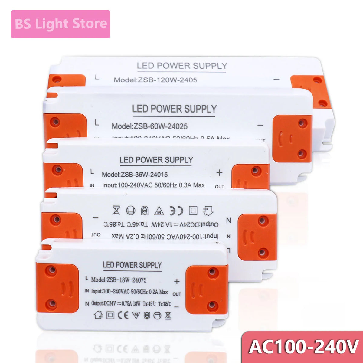 alimentation led 12v 24v 100v 240v 12w 18w 24w 36w 60w 120w blanc or