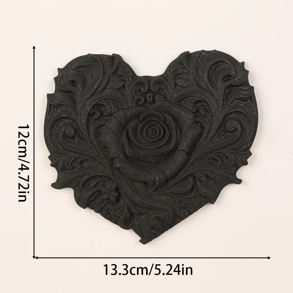 décoration murale cœur sculpté noir floral baroque intérieur 12cm 13.3cm roses feuilles