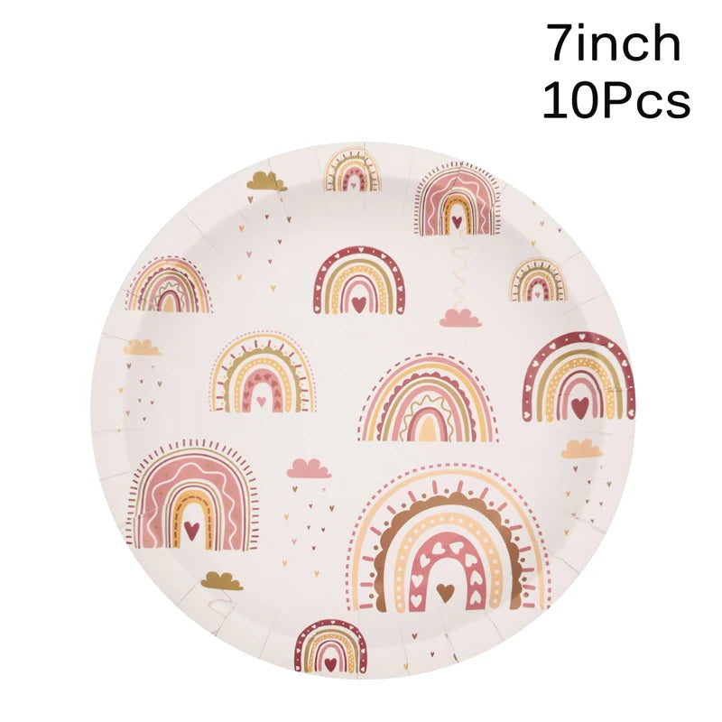 assiettes papier arc ciel serviettes gobelets nappe fête enfantines motifs colorés nuages coeurs