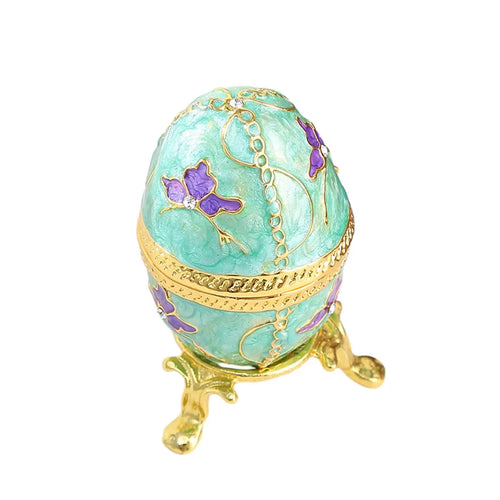 boîte bijoux forme œuf vert clair motifs floraux art déco vintage pieds dorés trinket
