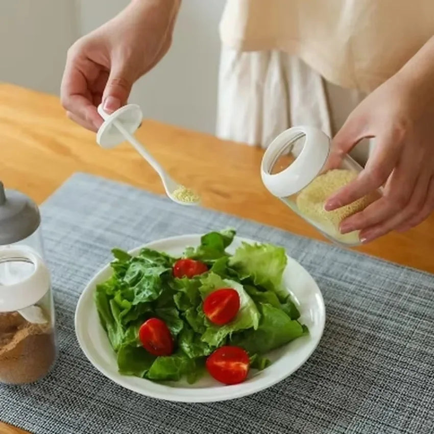récipients épices condiments cuillère intégrée transparent moderne minimaliste respectueux environnement