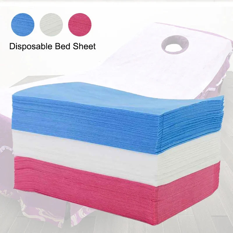 draps lit jetables polyester bleu blanc rose solides pratiques opaques 70x170cm 80x180cm 80x190cm trou