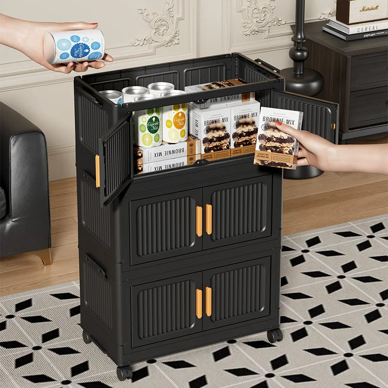 rangement modulaire meuble noir panneaux transparents poignées dorées roulettes facile assembler chambre salon cuisine